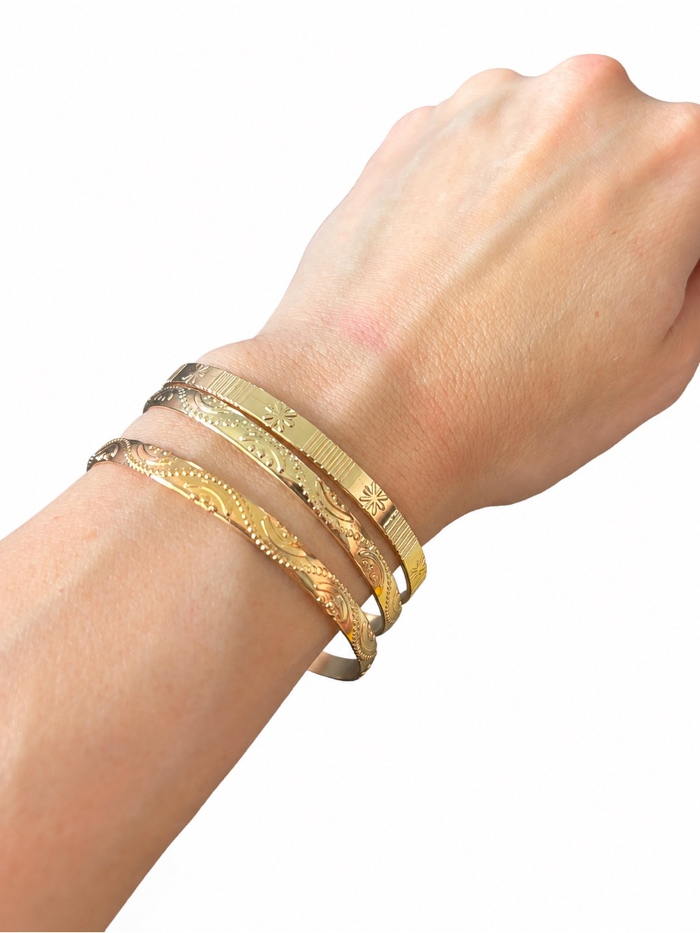 NWOT Gold Tone Etched Open Cuff Bracelet Set of 3 Boho Stackable